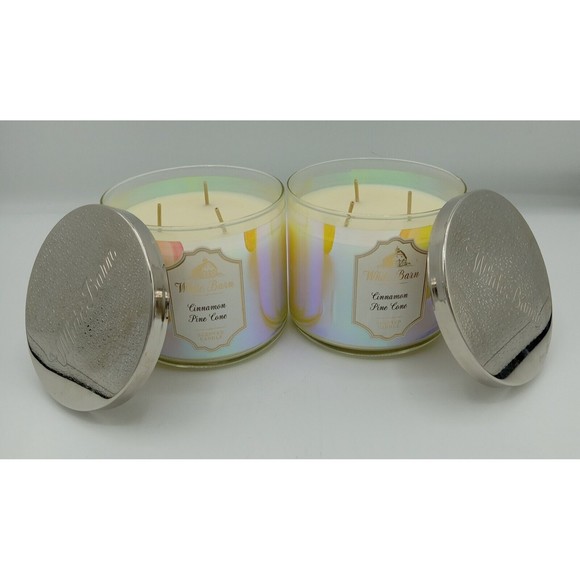 Lot Of 2 Bath & Body Works White Barn Cinnamon Pine Cone 3 Wick Candles RARE! - Picture 2 of 4